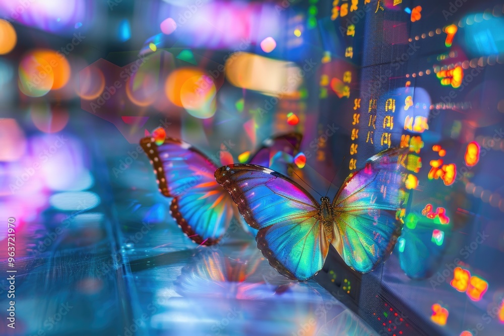 A colorful butterfly perches on top of a decorative display