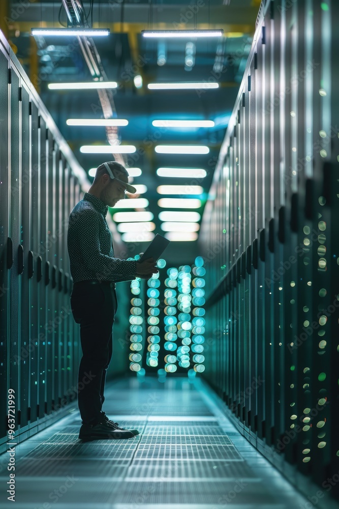 A person wearing a hat stands in a data center or server room A person wearing a hat stands in a data center or server room