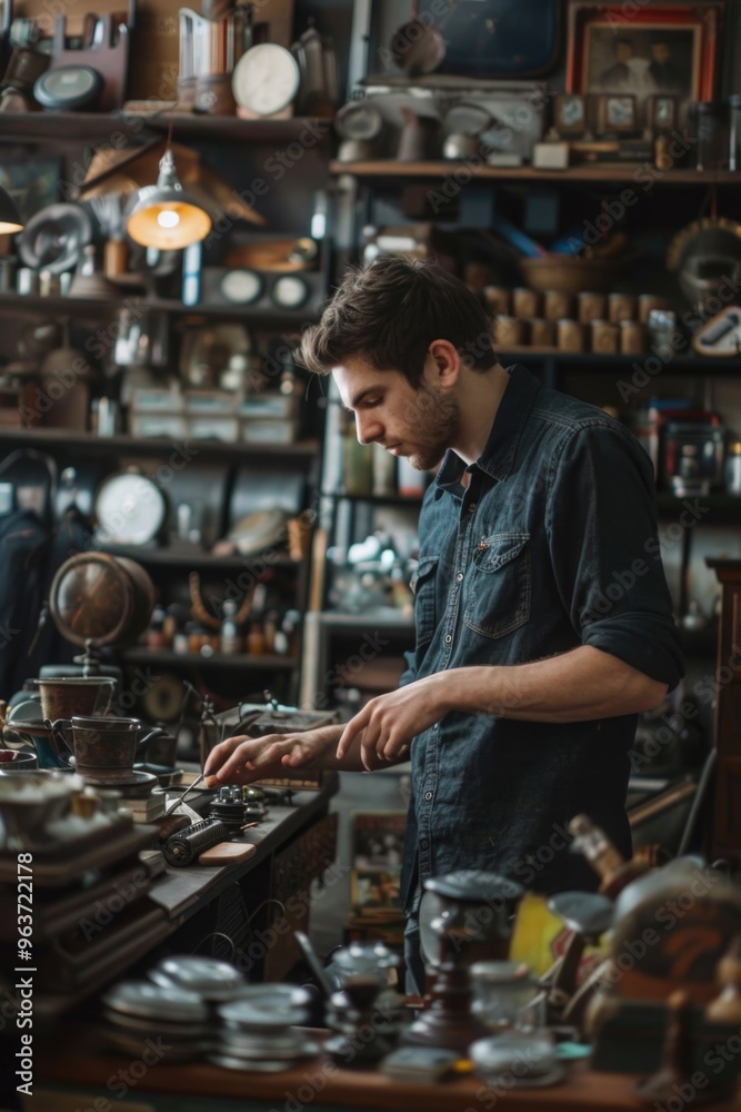 A man works on a piece of wood in a workshop setting
