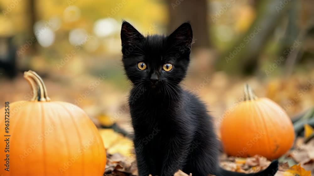 Black kitten with Halloween pumpkins in an autumn woodland Black kitten with Halloween pumpkins in an autumn woodland