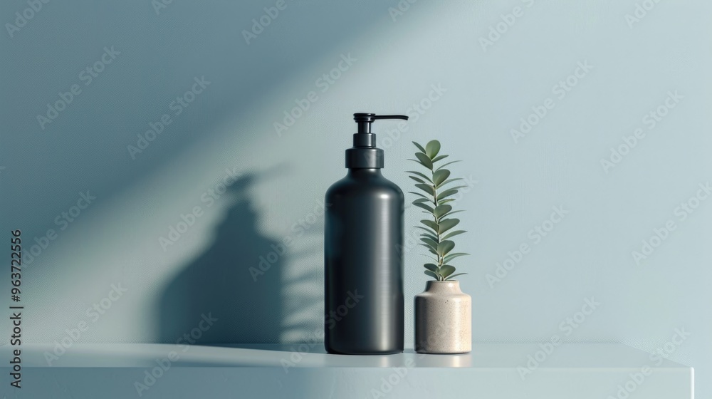 A bottle of liquid sits next to a small plant, great for illustrating a concept or idea A bottle of liquid sits next to a small plant, great for illustrating a concept or idea