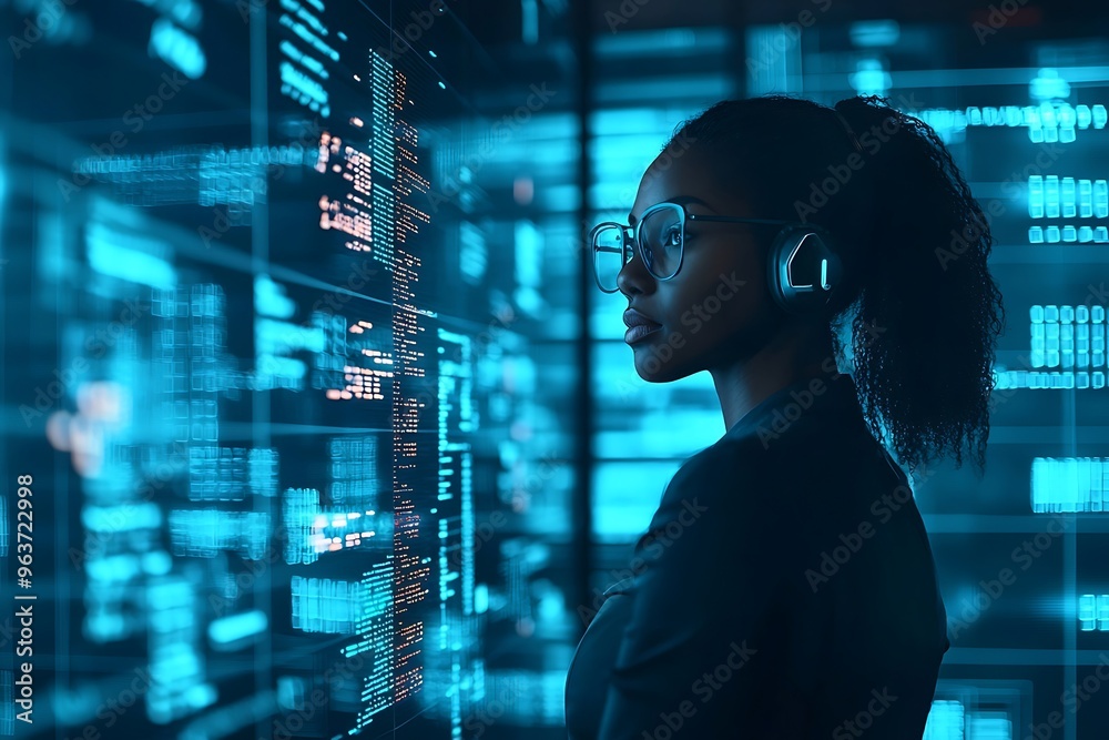 Advanced cybersecurity tactics by a black female professional using AI technologies. Advanced cybersecurity tactics by a black female professional using AI technologies.