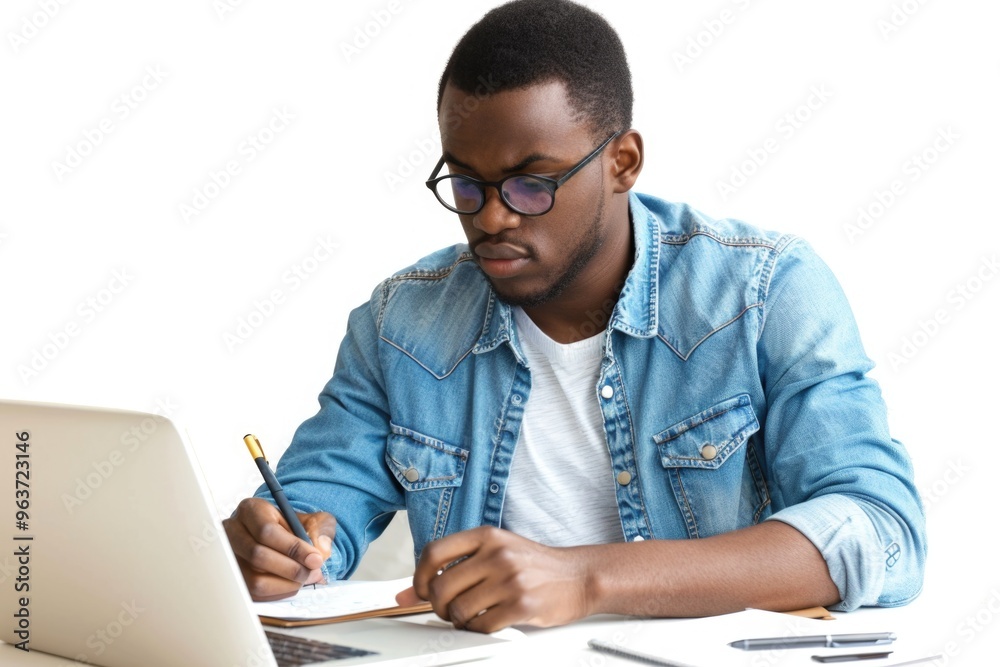 A man sits at a desk with a laptop and pen, ready to work A man sits at a desk with a laptop and pen, ready to work