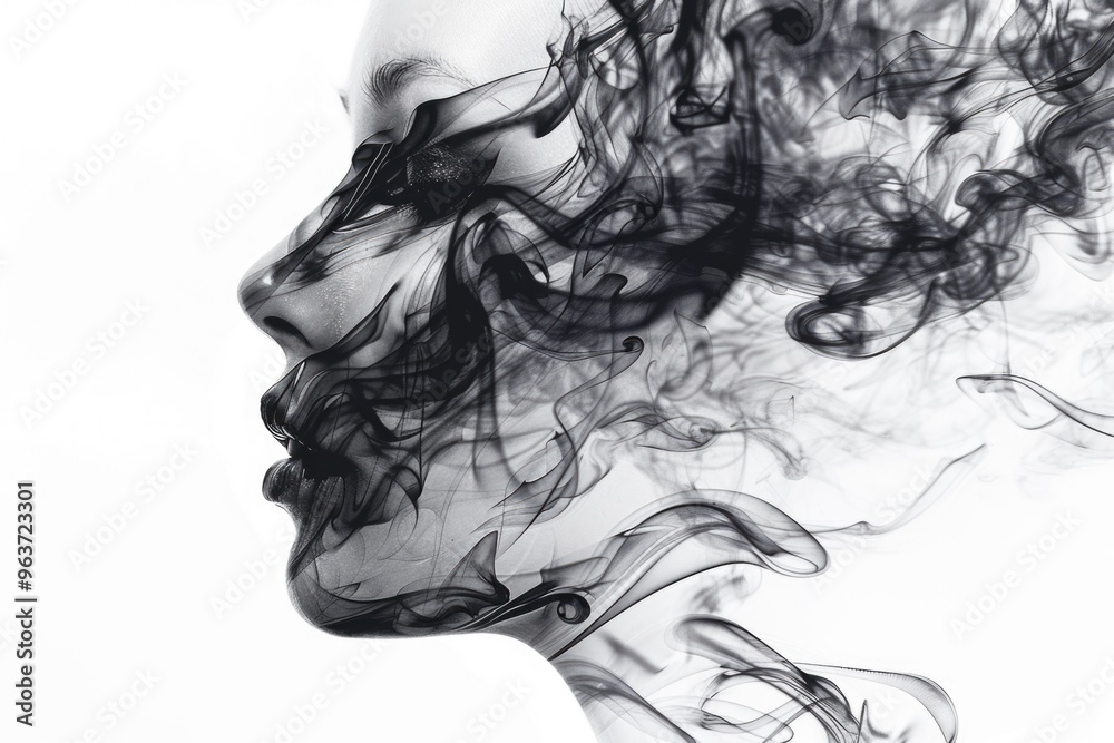 A close-up portrait of a woman's face in monochrome tones A close-up portrait of a woman's face in monochrome tones