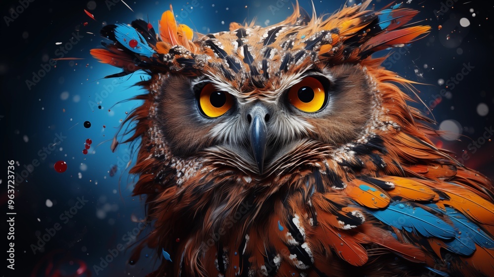 Painted animal with paint splash painting technique on colorful background owl Painted animal with paint splash painting technique on colorful background owl