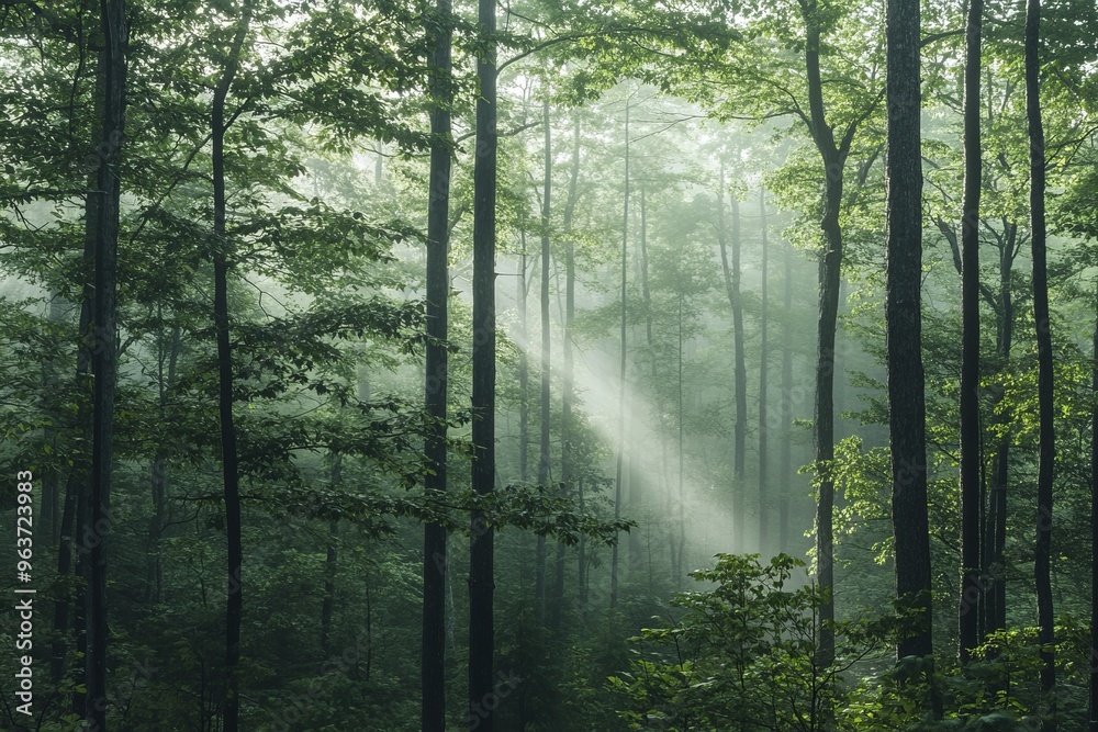 Fototapeta premium Sunbeam through misty forest, light and shadow, green trees, peaceful atmosphere.