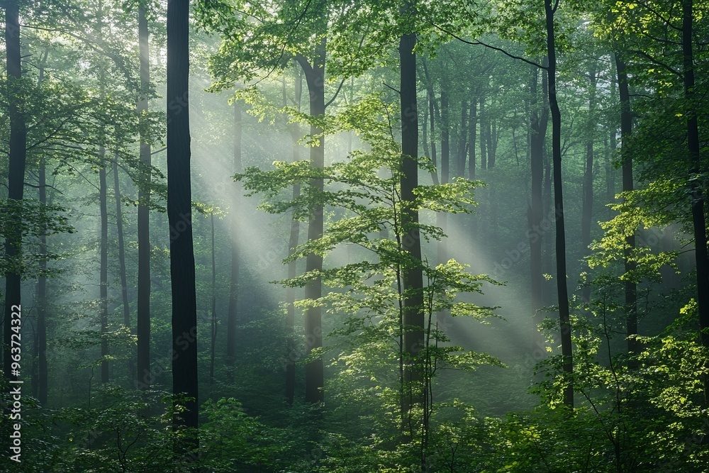 Fototapeta premium Sunbeam through misty forest, light and shadow, green trees, peaceful atmosphere.