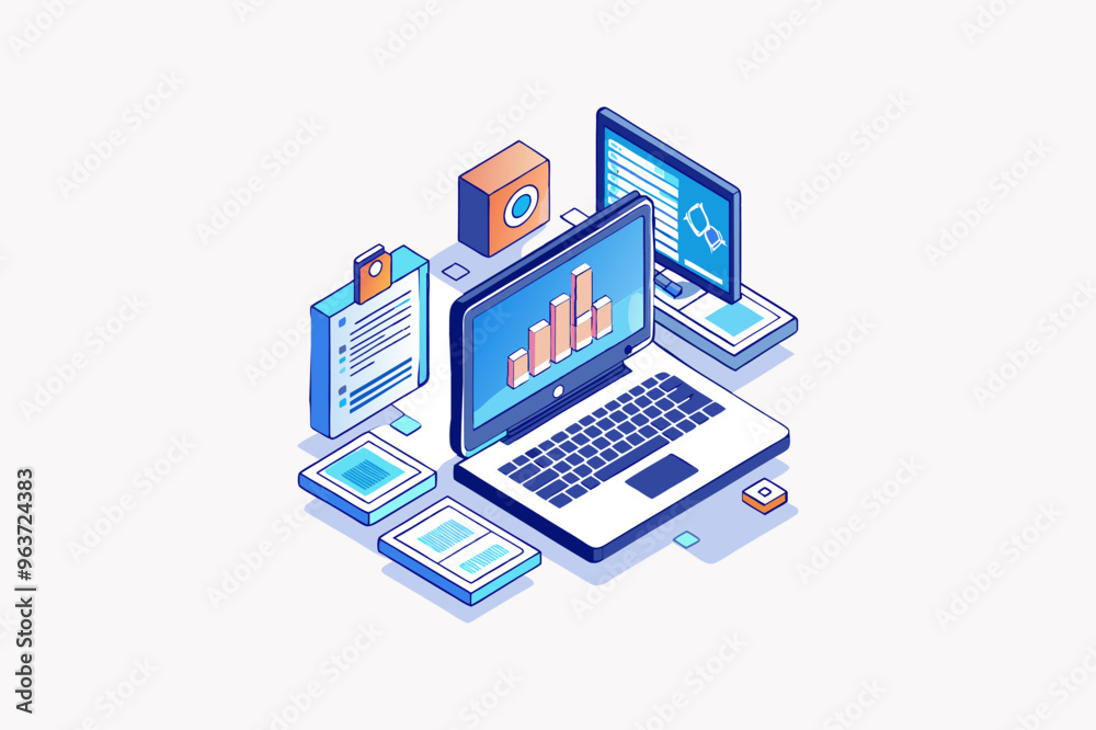 isometric illustration of dual laptops with coding, data analytics, and AI symbols in a modern style isometric illustration of dual laptops with coding, data analytics, and AI symbols in a modern style