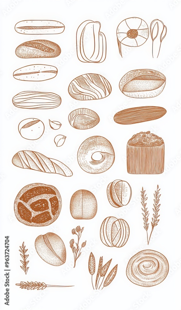 Set of Breads, Pastries, and Buns in Earthy Tones on White Background Set of Breads, Pastries, and Buns in Earthy Tones on White Background