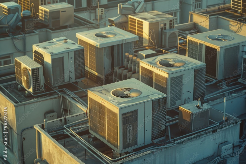Group of air conditioning units installed on the rooftop of a building Group of air conditioning units installed on the rooftop of a building