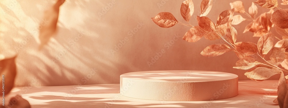 a podium against a soft terracotta backdrop with a leaves. The design includes soft shadows and subtle leaf veins, adding depth and a cozy autumn feel a podium against a soft terracotta backdrop with a leaves. The design includes soft shadows and subtle leaf veins, adding depth and a cozy autumn feel