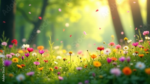 A dreamy, sunlit forest with colorful wildflowers in the foreground and soft light filtering through trees in the background