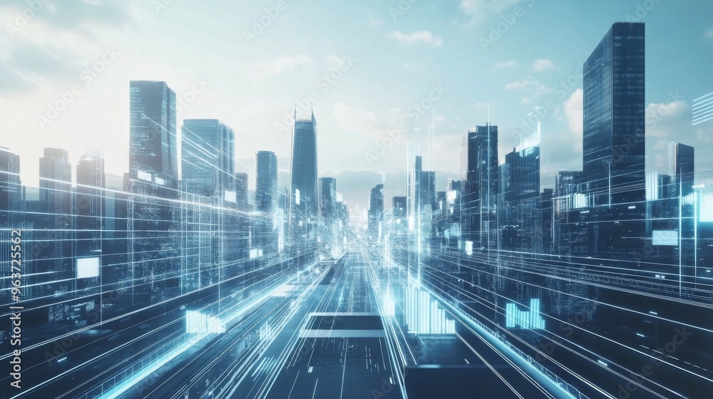 Futuristic Cityscape with Digital Overlay Futuristic Cityscape with Digital Overlay