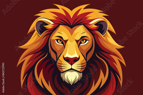 Fierce lion head illustration in fiery colors.  Perfect for powerful mascot logo, design element or branding.