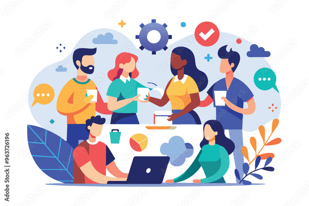 Diverse team of young professionals working together on a project. Illustration of collaboration, teamwork, innovation, and startup culture. Diverse team of young professionals working together on a project. Illustration of collaboration, teamwork, innovation, and startup culture.