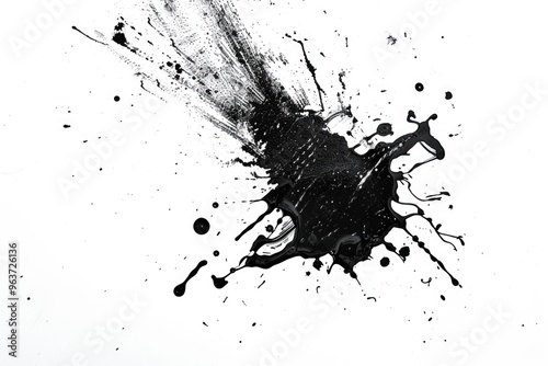 A close-up of a black ink splatter on a white background photo