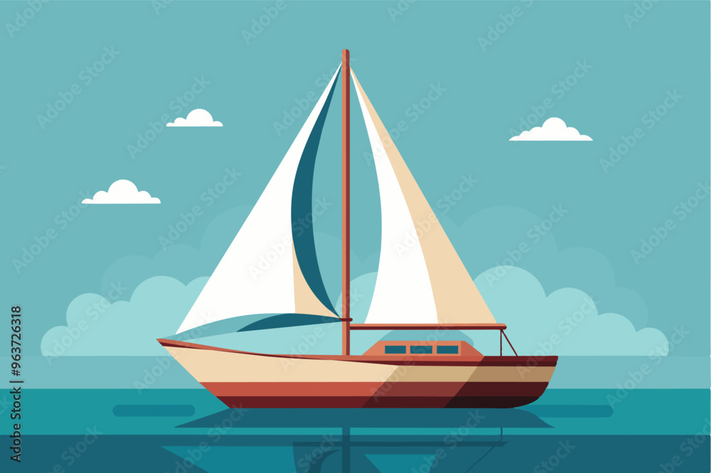 Sailboat on the sea with blue sky and white clouds in flat design. Sailboat on the sea with blue sky and white clouds in flat design.