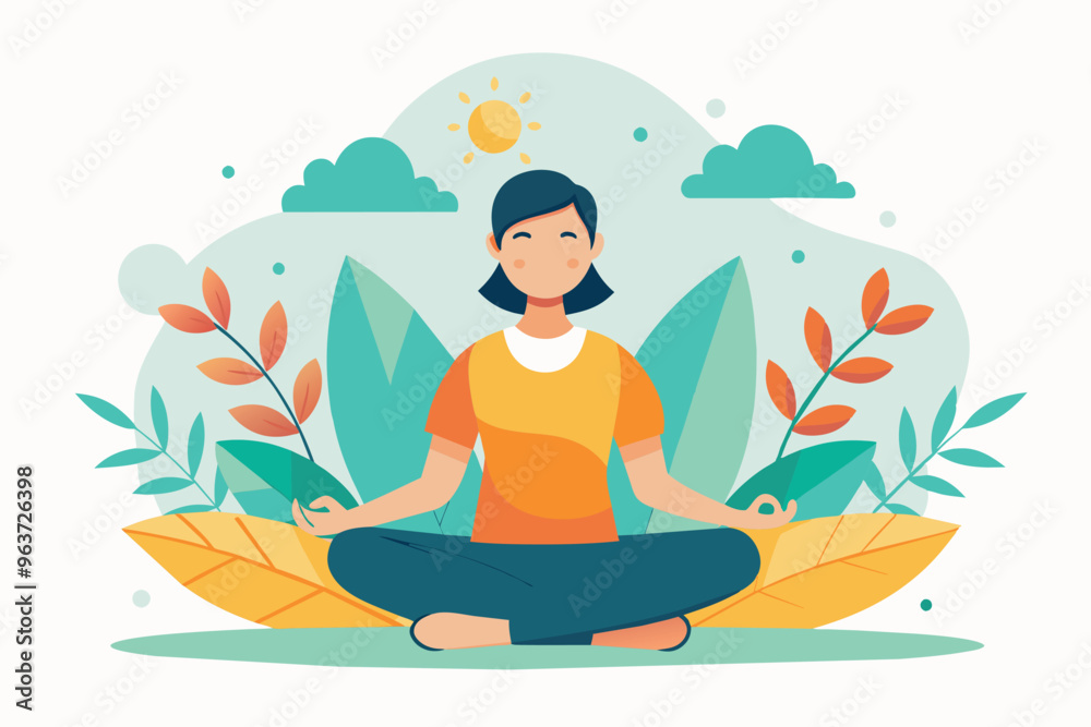 Woman meditating in lotus pose surrounded by leaves and a sunny sky. Concept of mindfulness, relaxation, and peace. Woman meditating in lotus pose surrounded by leaves and a sunny sky. Concept of mindfulness, relaxation, and peace.