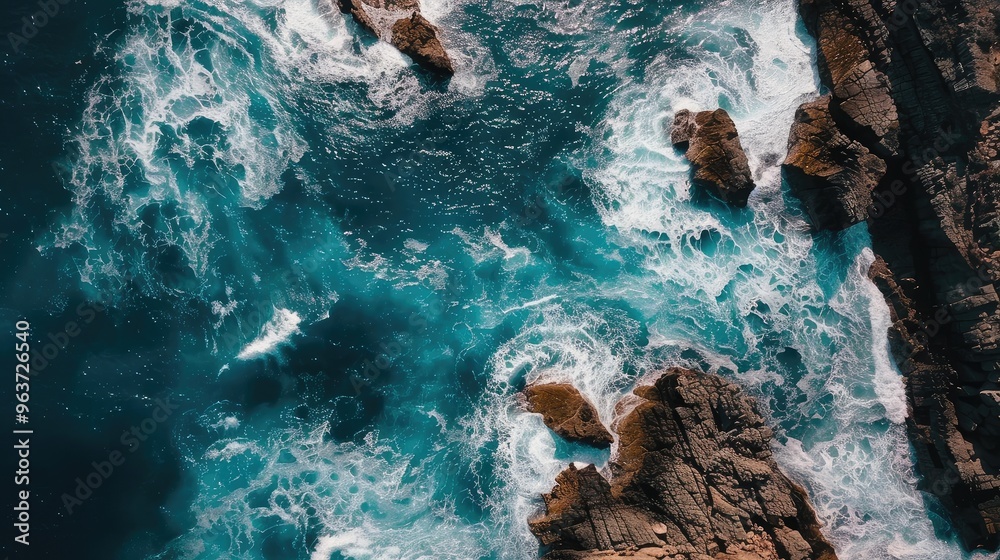 Aerial View of Ocean Waves Crashing on Rocky Shore Aerial View of Ocean Waves Crashing on Rocky Shore