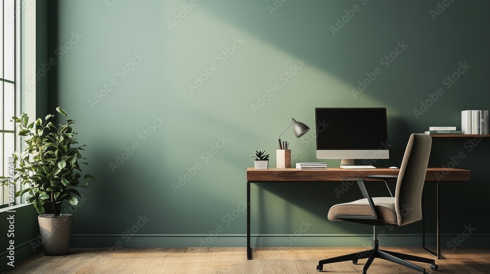 Cozy Home Office with a Large Desk and a Comfortable Chair Cozy Home Office with a Large Desk and a Comfortable Chair