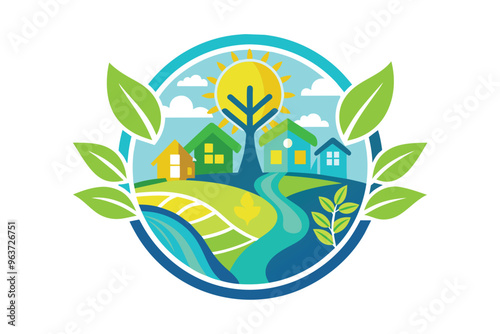 A vibrant landscape showcasing houses nestled against rolling hills, rivers, and mountains, symbolizing harmony between nature and community in a sunny environment