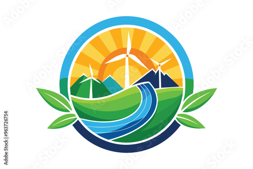 A vibrant emblem showcasing renewable energy with wind turbines, mountains, and a flowing river under a radiant sun, symbolizing sustainability and environmental harmony