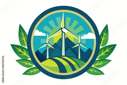 A vibrant emblem showcasing renewable energy with wind turbines, mountains, and a flowing river under a radiant sun, symbolizing sustainability and environmental harmony