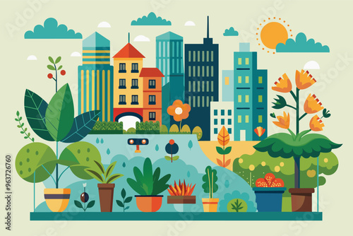 A vibrant urban garden showcasing diverse plants, flowers, and buildings under a bright sun, illustrating harmony between nature and city life in modern design