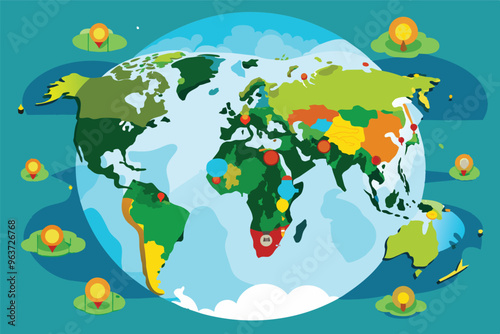 A colorful world map highlighting geographical features and climate zones across continents, emphasizing landforms and oceanic patterns in a clear design