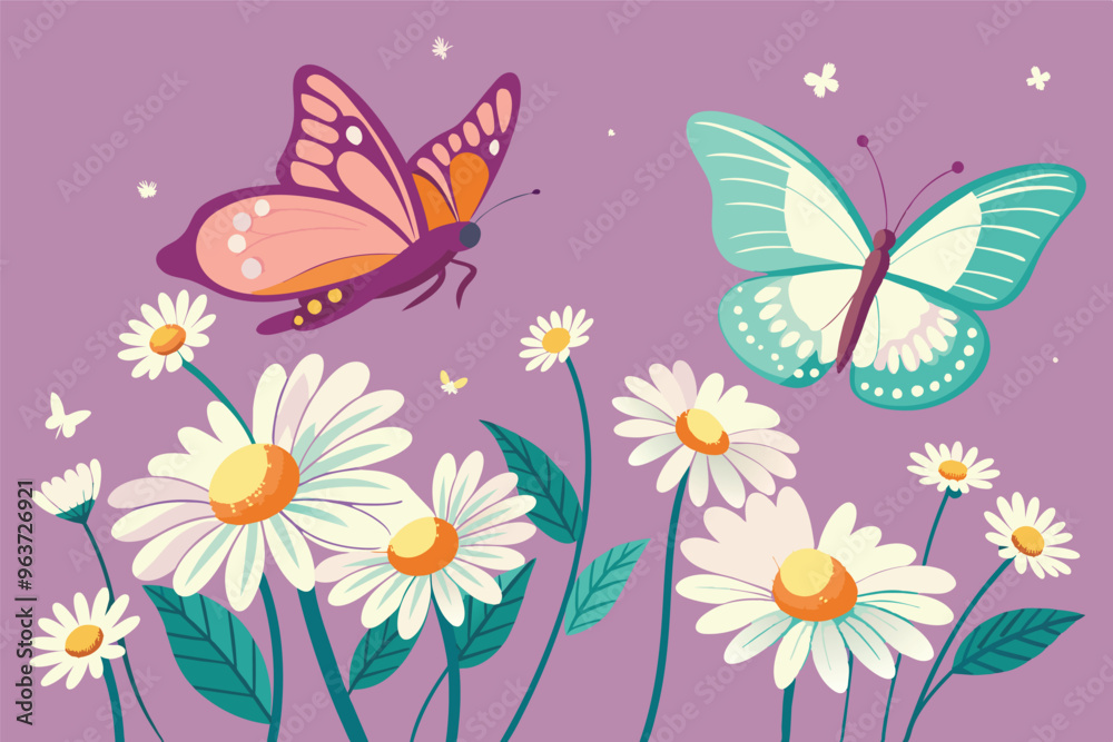 Colorful butterflies fluttering over vibrant daisies in a whimsical garden during a sunny day, set against a purple background Colorful butterflies fluttering over vibrant daisies in a whimsical garden during a sunny day, set against a purple background