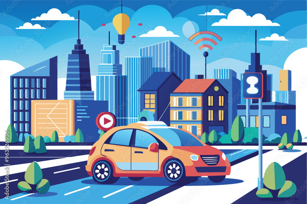 A vibrant cityscape showing modern cars navigating through the streets, with skyscrapers and digital connectivity in the background under a clear blue sky A vibrant cityscape showing modern cars navigating through the streets, with skyscrapers and digital connectivity in the background under a clear blue sky