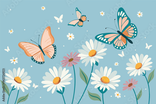 Colorful butterflies fluttering over vibrant daisies in a whimsical garden during a sunny day, set against a purple background