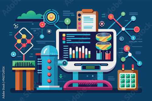 A colorful depiction of a laboratory workspace showcasing various scientific instruments, charts, and graphs, illustrating data analysis and research activities