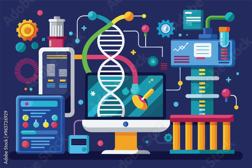 A colorful depiction of a laboratory workspace showcasing various scientific instruments, charts, and graphs, illustrating data analysis and research activities