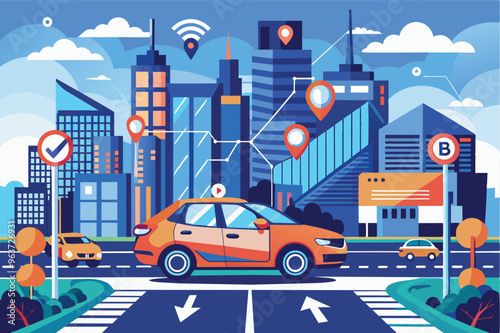 A vibrant cityscape showing modern cars navigating through the streets, with skyscrapers and digital connectivity in the background under a clear blue sky