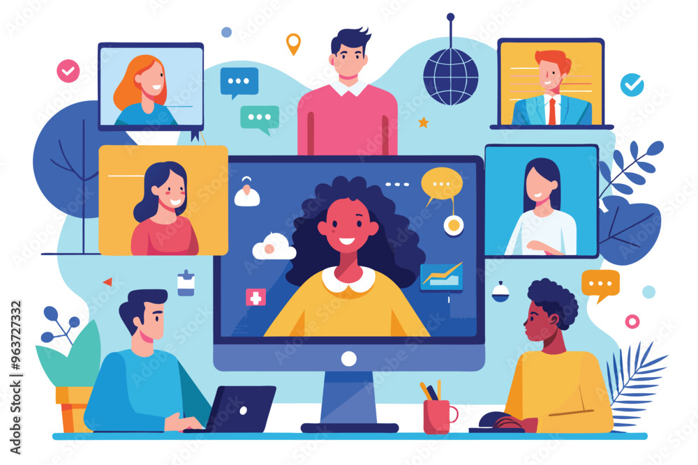 A diverse team collaborates during an online meeting, sharing ideas through video calls from various locations in a modern workspace environment A diverse team collaborates during an online meeting, sharing ideas through video calls from various locations in a modern workspace environment