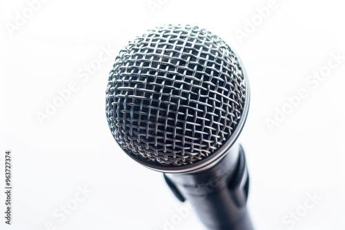 A close-up shot of a microphone on a white background, suitable for use in presentations, music-related content and more