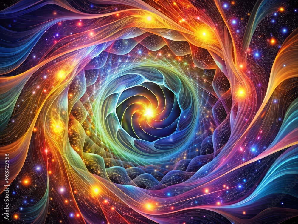 A kaleidoscope of wavy lines with shifting frequencies and amplitudes, blending together in a swirling vortex of colors against a starry night sky. A kaleidoscope of wavy lines with shifting frequencies and amplitudes, blending together in a swirling vortex of colors against a starry night sky.