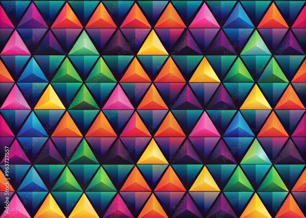 Seamless pattern of bright, bold triangles on a dark gradient background, with a slight drop shadow to create a sense of depth Seamless pattern of bright, bold triangles on a dark gradient background, with a slight drop shadow to create a sense of depth