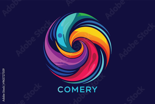 A vibrant logo design representing cosmic energy with swirling colors and elements suggesting movement and dynamism in an abstract artistry style