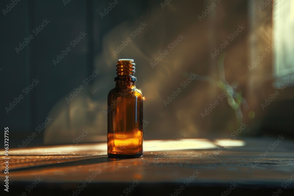 A bottle of essential oil sits on a table, ready for use A bottle of essential oil sits on a table, ready for use
