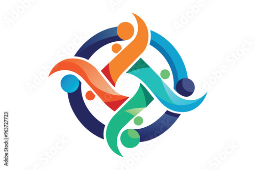 Colorful abstract logo representing unity and collaboration among diverse groups of people, designed with interwoven shapes and vibrant colors conveying harmony