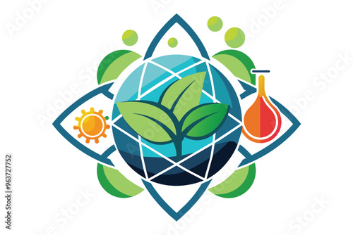 A colorful emblem representing the synthesis of nature and technology, featuring various symbols of environmental stewardship and innovation