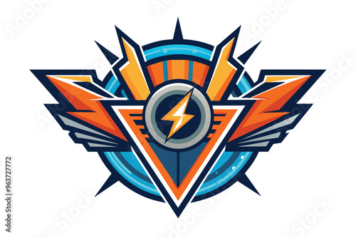 Dynamic and colorful emblem featuring sharp geometric shapes and lightning motifs, designed for a fictional gaming tournament, highlighting energy and competition