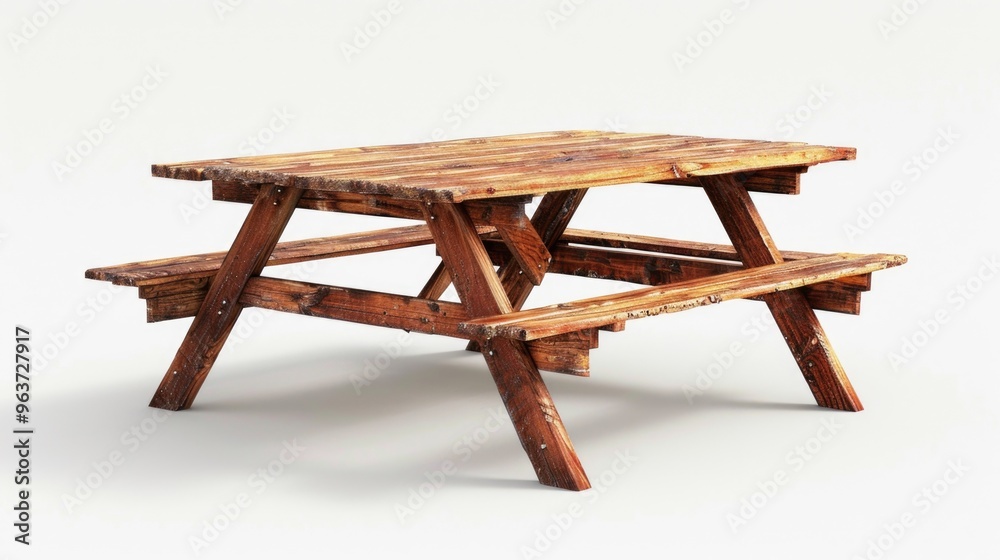 A simple wooden picnic table set against a clean white background, great for outdoor or indoor settings A simple wooden picnic table set against a clean white background, great for outdoor or indoor settings