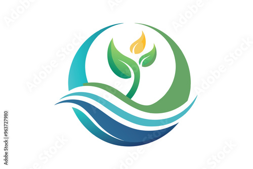 A stylized logo featuring abstract human figures and leaves, symbolizing nature and wellness, showcasing harmony and balance through soft blue and green tones