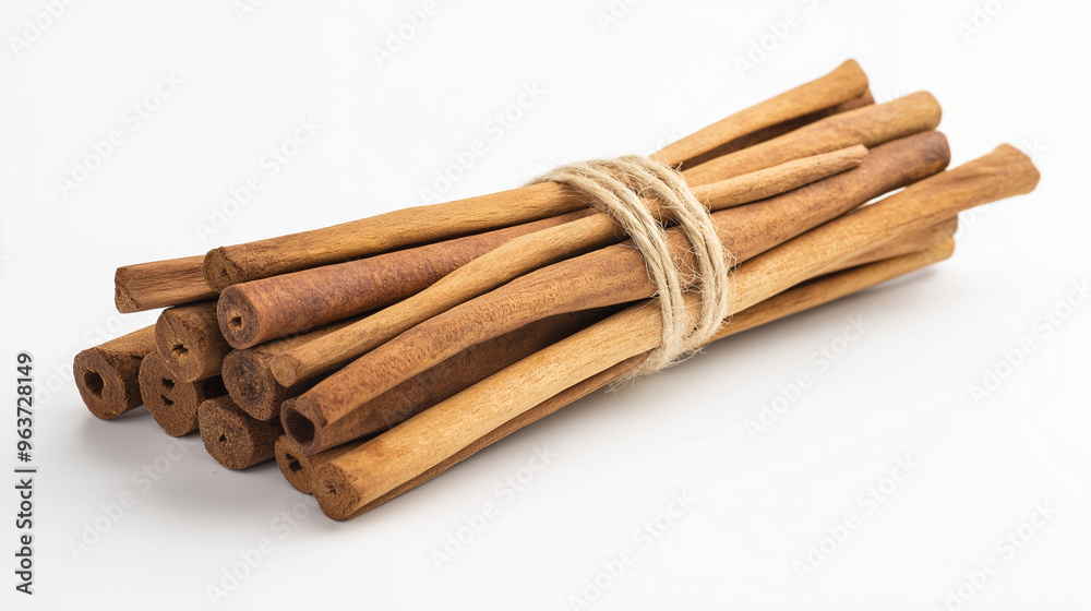 a cinnamon stick bundle tied with twine against an isolated white background a cinnamon stick bundle tied with twine against an isolated white background