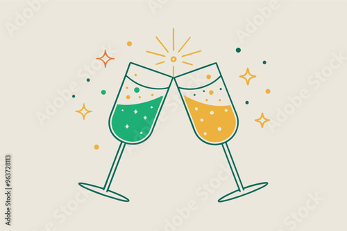 Champagne flutes filled with sparkling drinks clink together in celebration, surrounded by vibrant stars and bubbles, creating a festive atmosphere