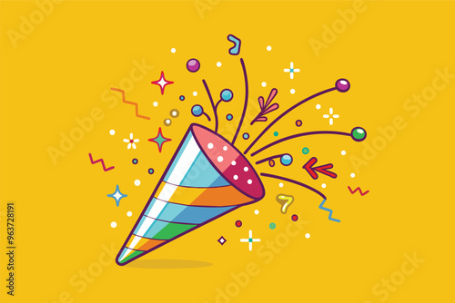 Celebrate with colorful party popper exploding confetti on a vibrant yellow background, perfect for festive invitations or event decorations