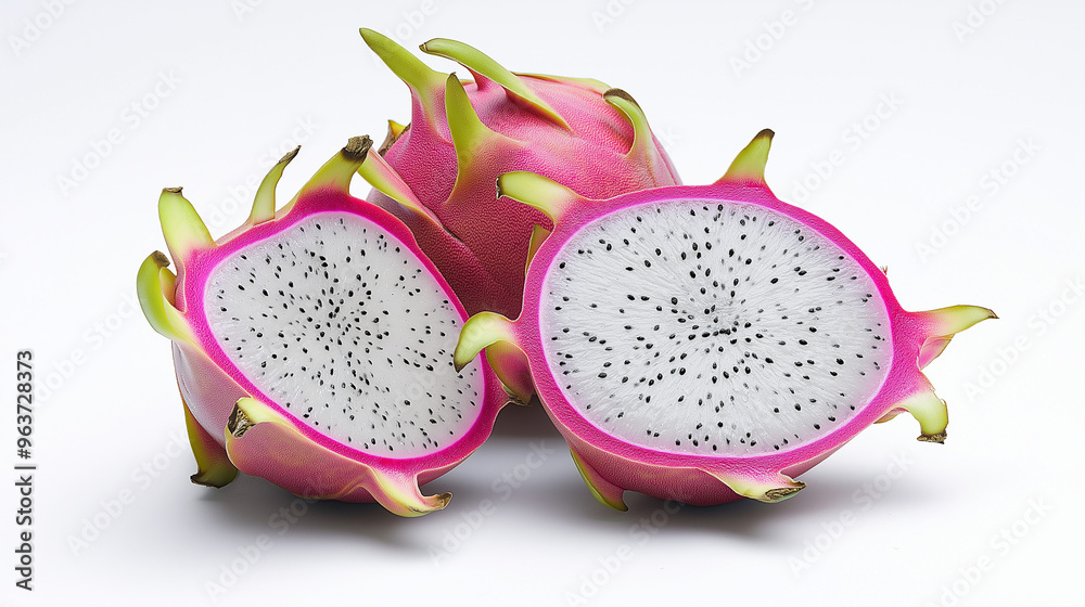 a cut dragon fruit with white flesh and small black seeds against an isolated white background a cut dragon fruit with white flesh and small black seeds against an isolated white background
